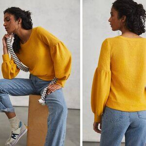 by Anthropologie Bayleigh Cropped Top Ballon Sleeve Ribbed in Yellow Womens SM